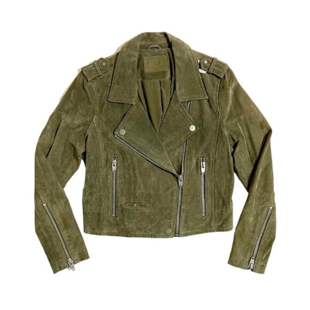 SL8 BlankNYC Moss Green Suede Leather Moto Jacket Zip Crop SZ M New + Defect